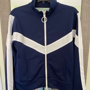 Brand NEW Ladies OFF WHITE jacket.Blue& white with words  “Woman” on the back